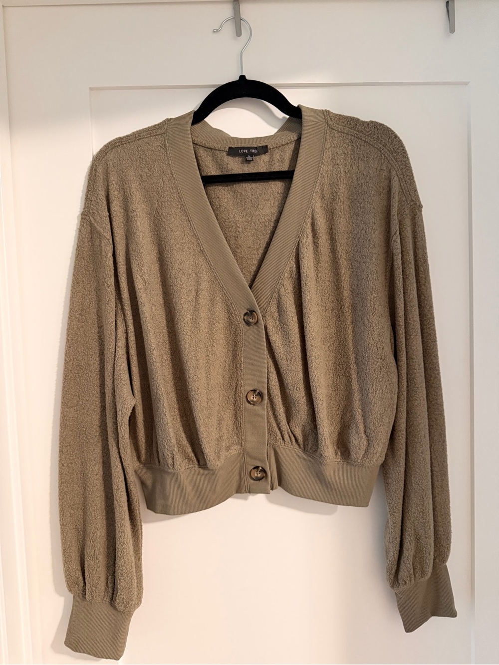 Love Tree Taupe Terry-Texture Cropped V-Neck Cardigan